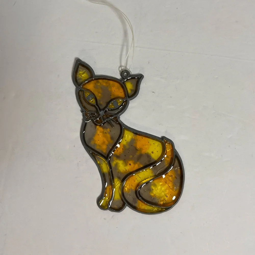 Stain Glass Style Siamese‎ Cat Kitten Sun Catcher Ornament Plastic Metal Gold